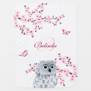 Cute Owl Cherry Blossoms Pink White Monogram  Baby Blanket