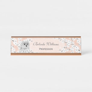 Cute Owl Cherry Blossoms Rose Gold Glitter Desk Name Plate