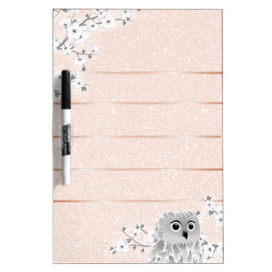 Cute Owl Cherry Blossoms Rose Gold Glitter Lines Dry Erase Board