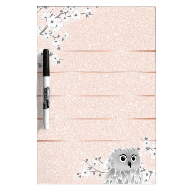 Cute Owl Cherry Blossoms Rose Gold Glitter Lines Dry Erase Board (Front)