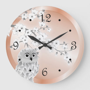 Cute Owl Cherry Blossoms Rose Gold Gray Large Clock