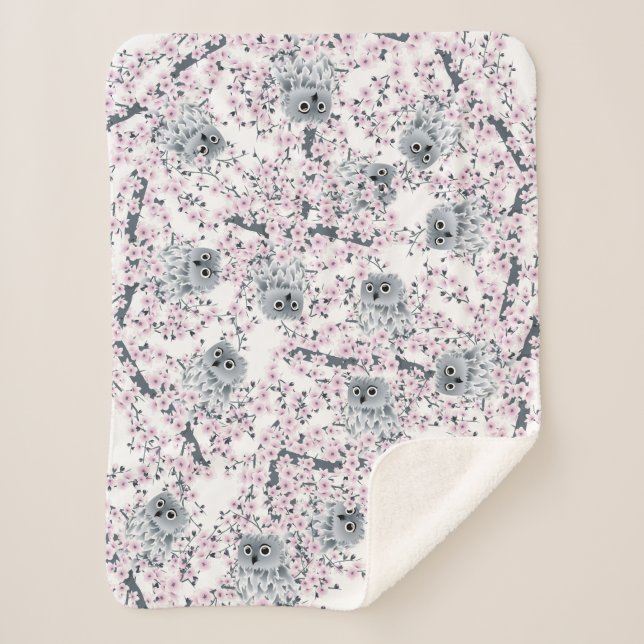 Cute Owl Cherry Blossoms Sherpa Blanket (Front)