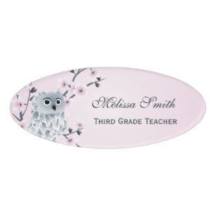 Cute Owl Cherry Blossoms Teacher Name Tag