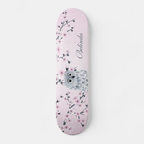 Cute Owl Cherry Pink Blossom Monogram Girly Skateboard