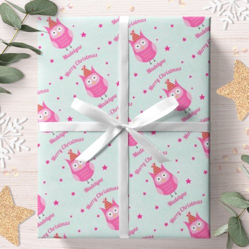 Cute Owl Christmas Pink Snow Stars Personalized Wrapping Paper