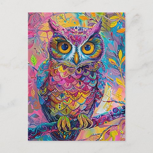 Cute Owl Colorful Abstract Bird Animal Nature Art Postcard