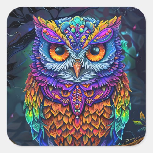 Cute Owl Colorful Abstract Bird Animal Nature Art Square Sticker