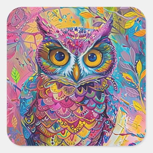 Cute Owl Colorful Abstract Bird Animal Nature Art Square Sticker