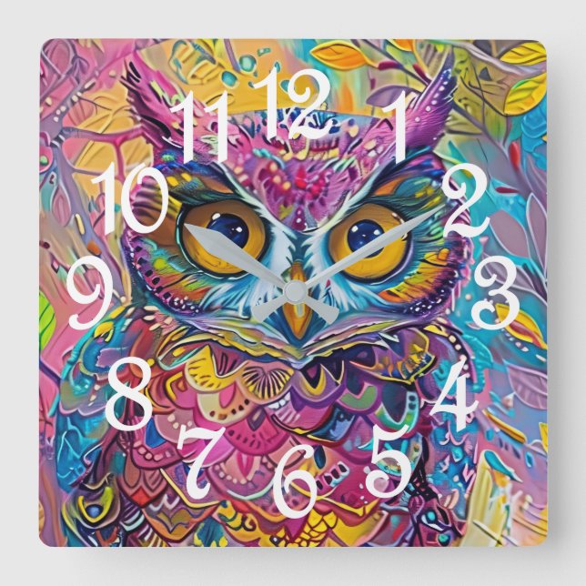 Cute Owl Colorful Abstract Bird Animal Nature Art Square Wall Clock (Front)