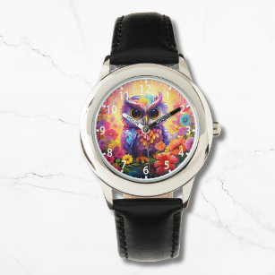Cute Owl Colorful Bright Floral Kids Girly Watch
