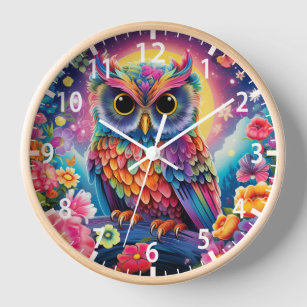 Cute Owl Colorful Bright Floral Moon Kids Girly Clock