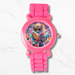 Cute Owl Colorful Bright Floral Moon Kids Girly Watch