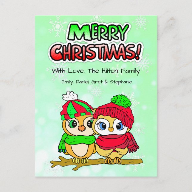 Cute Owl Couple cuddling on Branch Christmas Holiday Postcard (Front)