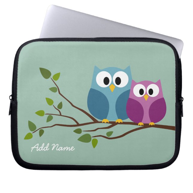 Cute Owl Couple Drawing on a Tree Branch Laptop Sleeve (Front)