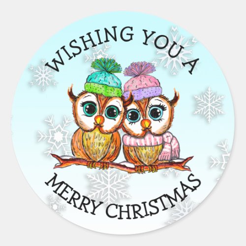 Cute Owl Couple Merry Christmas Classic Round Sticker