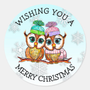 Cute Owl Couple Merry Christmas Classic Round Sticker