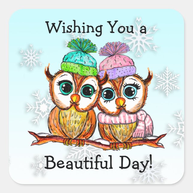 Cute Owl Couple  sitting on Branch Square Sticker (Front)