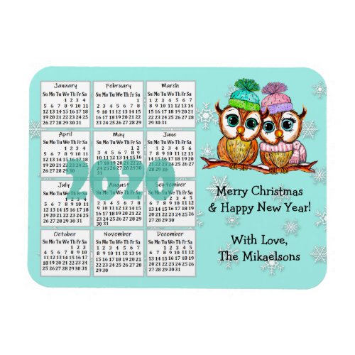 Cute Owl Couple Teal Snowflakes 2020 Mini Calendar Magnet