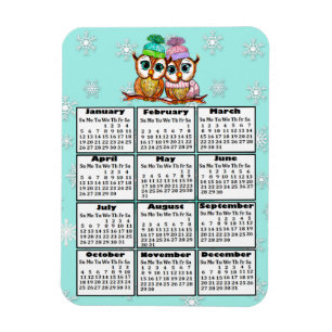 Cute Owl Couple Teal Snowflakes 2020 Mini Calendar Magnet