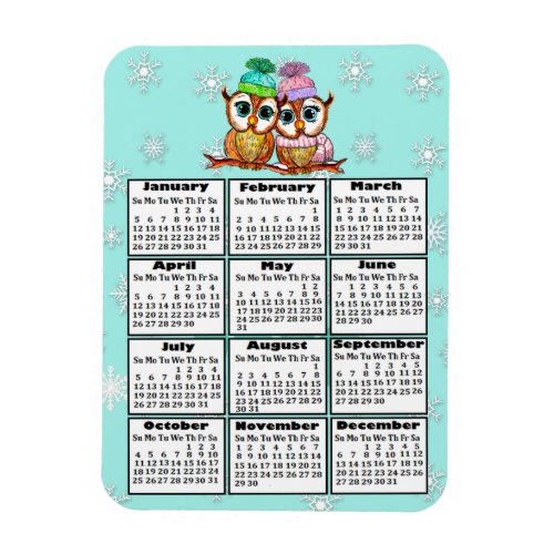 Cute Owl Couple Teal Snowflakes 2020 Mini Calendar Magnet