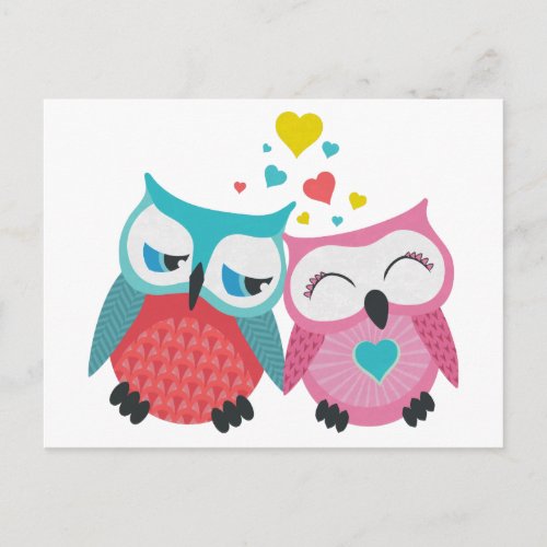 Cute owl couple with hearts postcard