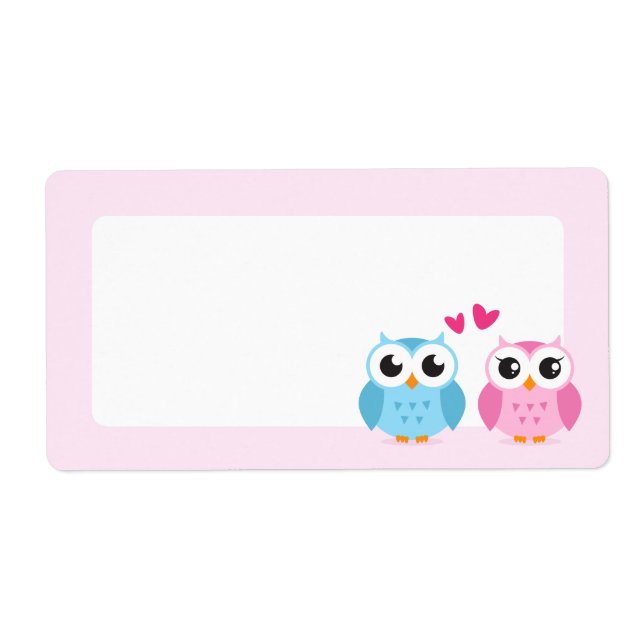 Cute owl couple with pink love hearts label (Front)