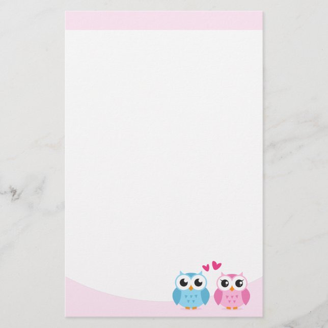 Cute owl couple with pink love hearts stationery (Front)