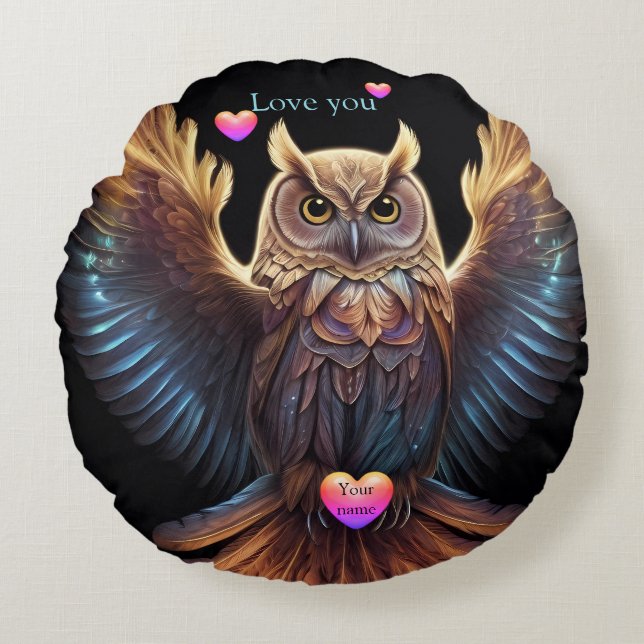 Cute Owl delivers love Hearts Round Pillow (Front)