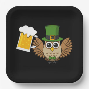 Cute Owl Drinking Beer Funny St Patrick's Day Paper Plates