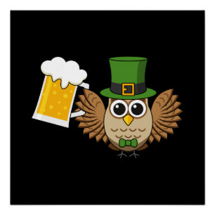 Cute Owl Drinking Beer Funny St Patrick's Day Poster