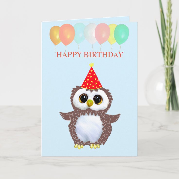 Cute Owl & Editable Birthday Wishes on Light Blue Card | Zazzle