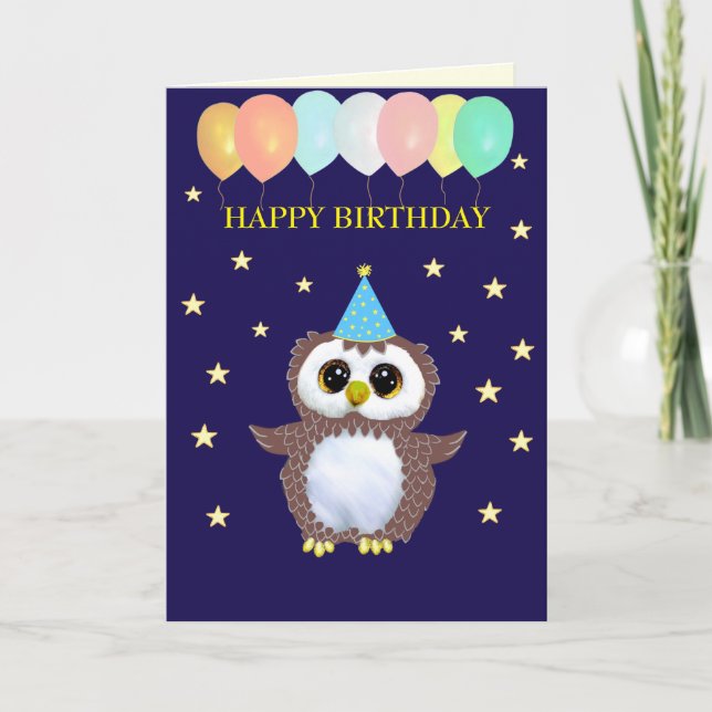 Cute Owl & Editable Birthday Wishes on Navy Blue Card (Front)