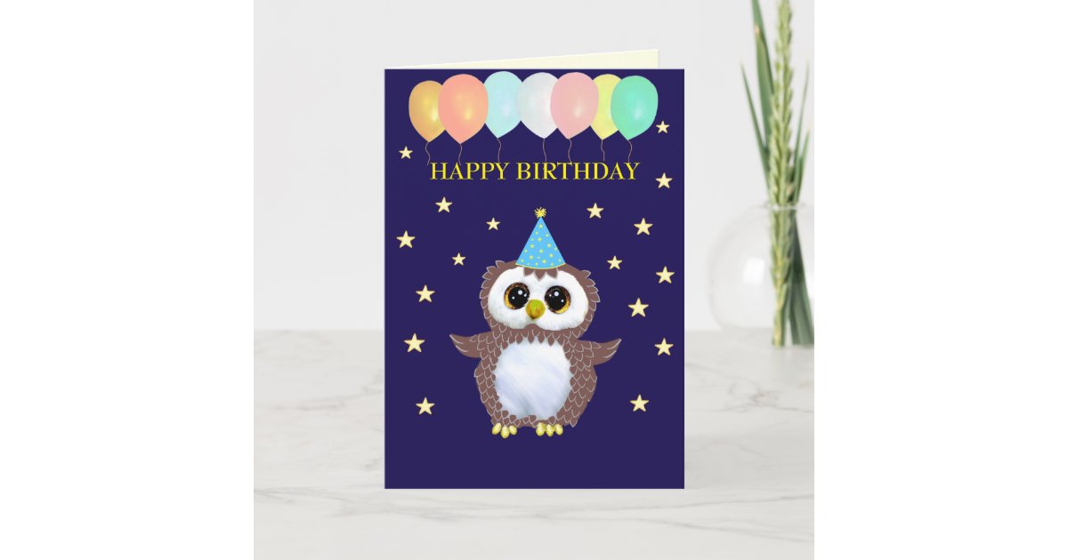 Cute Owl & Editable Birthday Wishes on Navy Blue Card | Zazzle