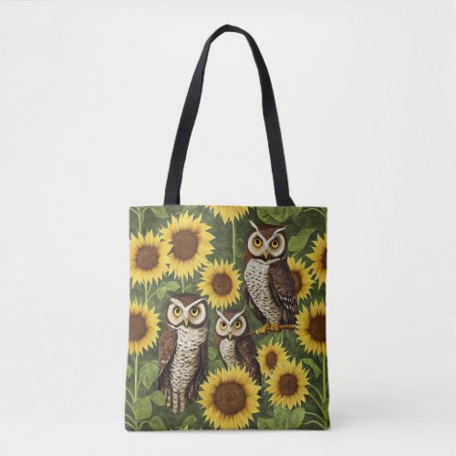 Cute Owl Enchanted Sunflower Garden Drawing Tote Bag