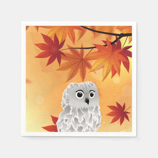 Cute Owl Fall Leaves Autumn Party Paper Plate Napkins (Front)