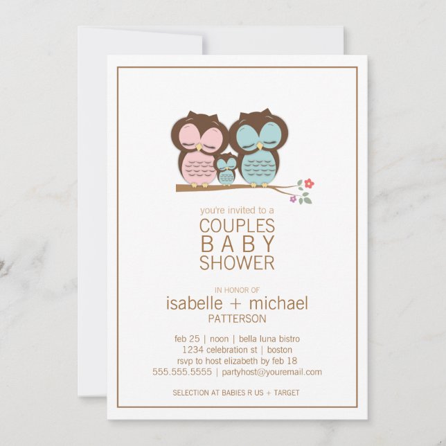 Cute Owl Family Couples Baby Shower Invitation (Front)