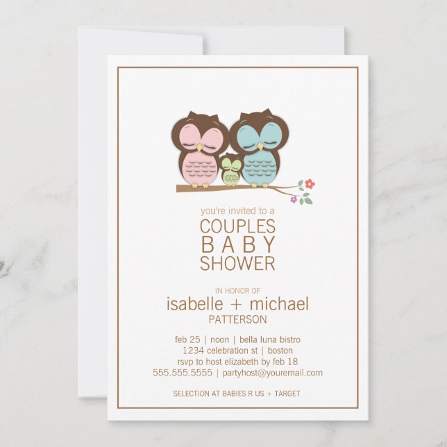 Cute Owl Family Couples Baby Shower Neutral Invitation (Front)