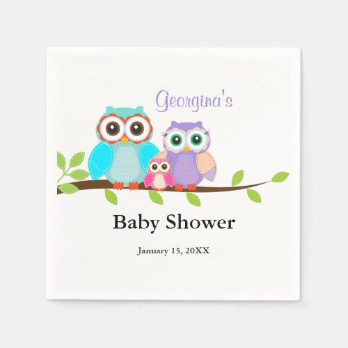 Cute Owl Family Girl Baby Shower Napkins