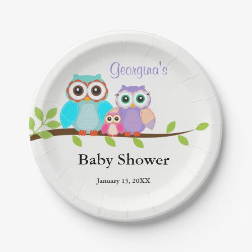 Cute Owl Family Girl Baby Shower Paper Plates