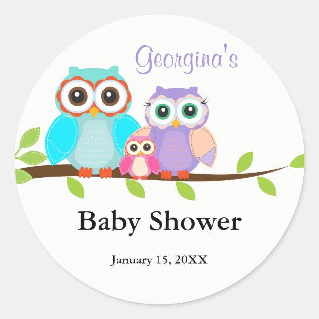 Cute Owl Family Girl Baby Shower Sticker (Front)