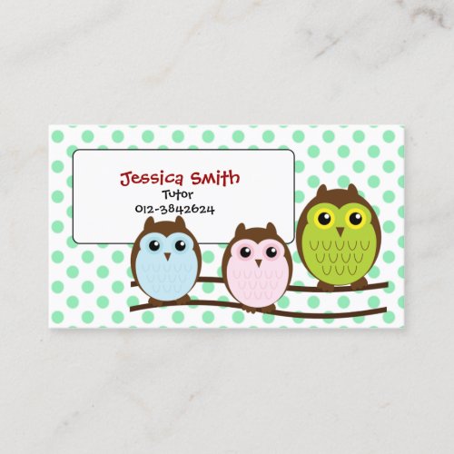 Cute Owl Family LIght Green Tutor Business Card