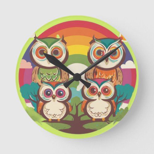 Cute Owl Family Round Clock
