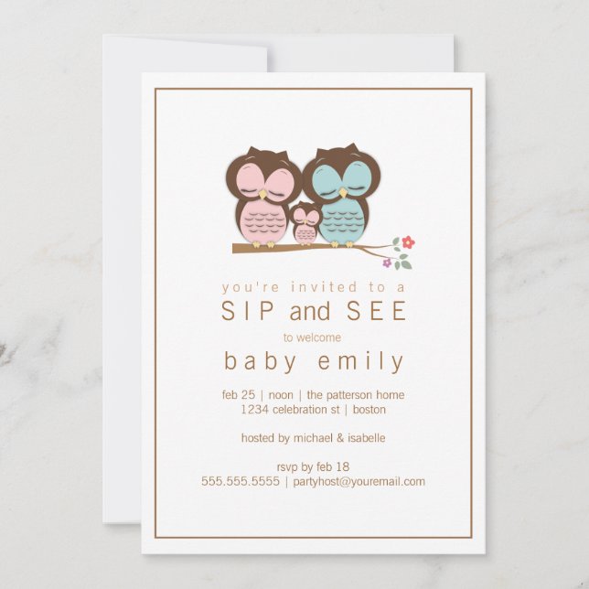 Cute Owl Family Sip and See Baby Greet Invitation (Front)