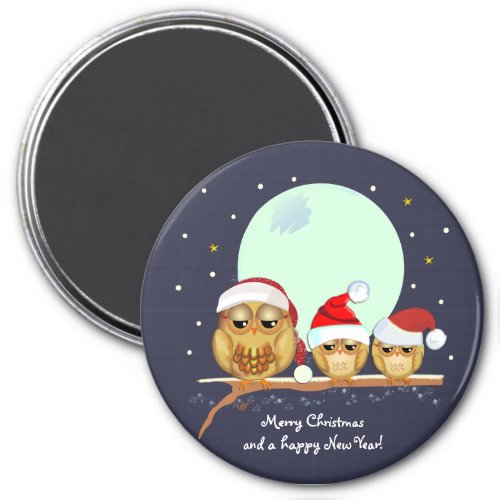 Cute Owl family with Santa hats  custom text Magnet
