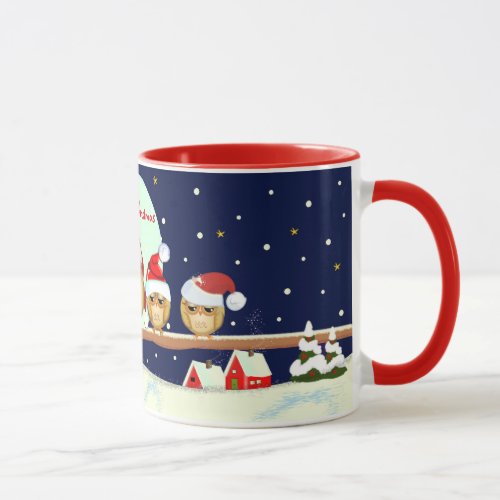 Cute Owl family with Santa hats  custom text Mug