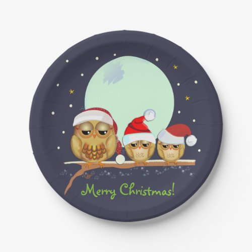 Cute Owl family with Santa hats  custom text Paper Plates