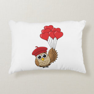 Cute Owl Flying with Heart Balloons Accent Pillow