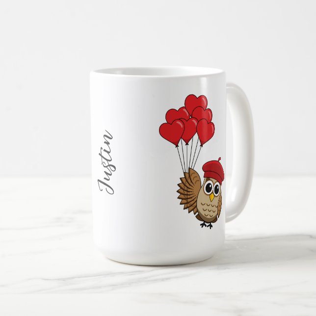 Cute Owl Flying with Heart Balloons | Add Name Coffee Mug (Front Right)