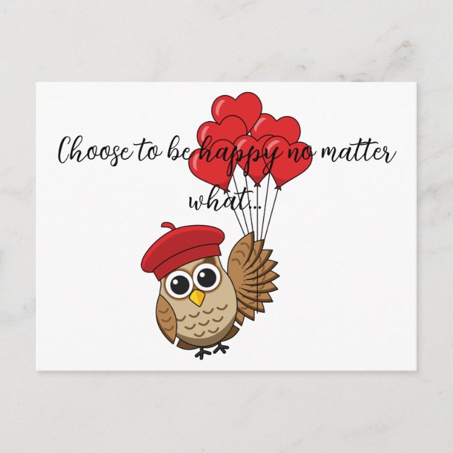 Cute Owl Flying with Heart Balloons | Add Text Holiday Postcard (Front)