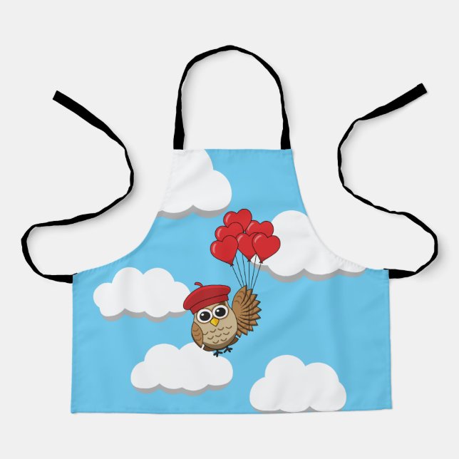 Cute Owl Flying with Heart Balloons Apron (Front)